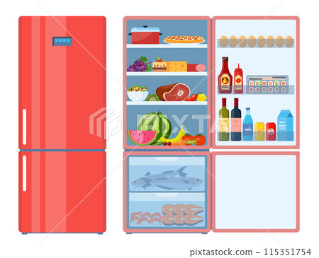 Fridge. Closed and open refrigerator. Red fridge with healthy food, water, meet, vegetables, fruits. Vector Illustration. 115351754