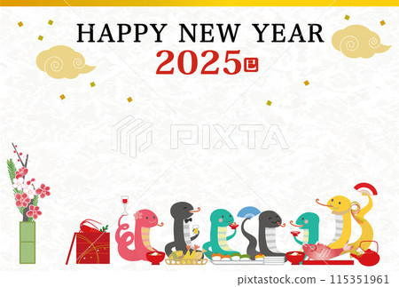 2025 Year of the Snake New Year's card template with illustration of a banquet for the zodiac snake 115351961