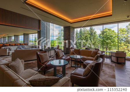 Lobby lounge at the Ritz-Carlton Reserve, Higashiyama Niseko Village, a luxury resort hotel in Niseko, Hokkaido 115352240