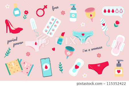 Set of women menstrual cycle vector illustrations. Set of women menstrual cycle vector illustrations. 115352422