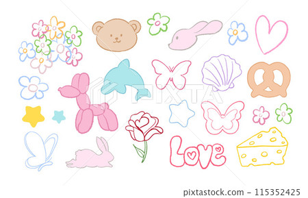 Crayon drawing of flowers, teddy bear, bunny rabbit, butterfly, pretzel, sea shell, dolphin, stars, heart, rose, cheese for cute sticker, spring, summer, animal print, cartoon, character, shirt print Crayon drawing of flowers, teddy bear, bunny rabbit, butterfly, pretzel, sea shell, dolphin, stars, heart, rose, cheese for cute sticker, spring, summer, animal print, cartoon, character, shirt print 115352425