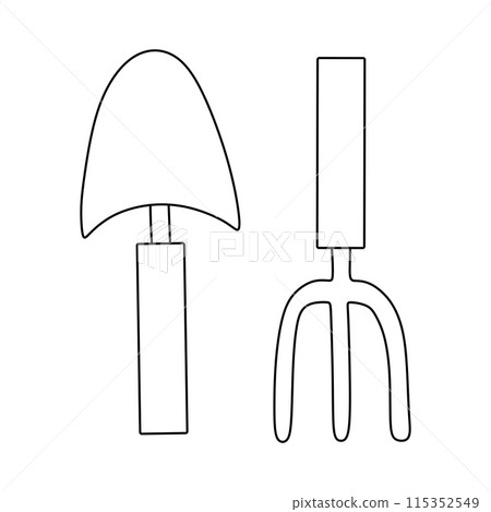 Garden Tools Doodle set. Small rake and Spade Equipment, Facilities for Gardening, Farming, Agriculture and Horticulture. Hand drawn Freehand Vector sketches isolated on white background. 115352549
