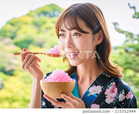A woman eating shaved ice in hot summer A woman eating shaved ice in hot summer 115352944