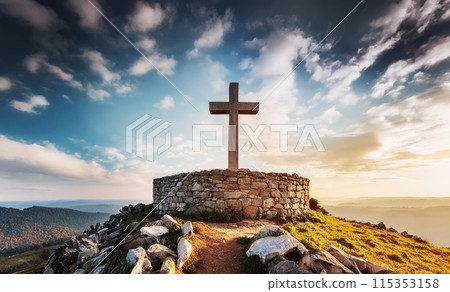 Stone cross in the sunset 115353158