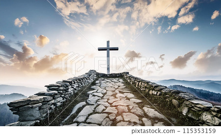 Crosses and stone road in the sunset 115353159