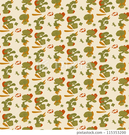 Bonsai trees seamless pattern. Plant on pot with leaves and collage shape of ripped papers silhouettes repeat background. Scribble endless cover. Vector hand drawn illustration. Bonsai trees seamless pattern. Plant on pot with leaves and collage shape of ripped papers silhouettes repeat background. Scribble endless cover. Vector hand drawn illustration. 115353200