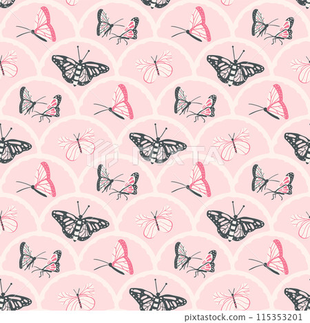 Fluttering butterflies seamless pattern. Pink summer pollinators endless background. playful mood repeat cover motif. Vector flat hand drawn illustration. 115353201