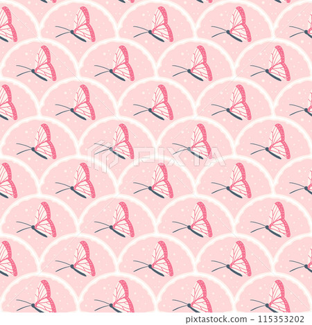 Fluttering butterflies seamless pattern. Pink summer pollinators endless background. Playful mood repeat cover scalloped motif. Vector flat hand drawn illustration. 115353202