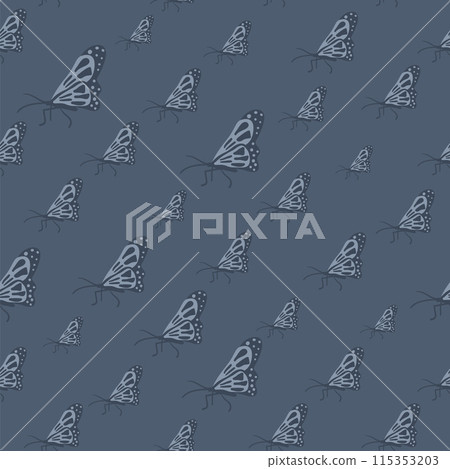 Fluttering butterflies seamless pattern. Month continuous background. Dark night mood repeat cover motif. Vector flat hand drawn illustration. 115353203