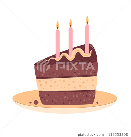Holiday cake slice. Sweet birthday bakery piece. Pastry dessert with cream and candles for breakfast. Vector pie hand drawn illustration isolated on white background. Holiday cake slice. Sweet birthday bakery piece. Pastry dessert with cream and candles for breakfast. Vector pie hand drawn illustration isolated on white background. 115353208