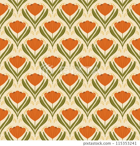 Red flowers seamless pattern. Floral endless background. Wildflower scalloped pattern ornament. Art nouveau stylized botanic repeat cover. Vector flat hand drawn illustration. 115353241