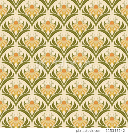 Daisy flowers seamless pattern. Floral endless background. Wildflower scalloped pattern ornament. Art nouveau stylized botanic repeat cover. Vector flat hand drawn illustration. 115353242