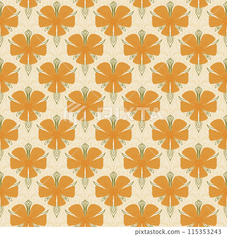 Yellow retro flowers seamless pattern. Floral buds endless background. Wildflower scalloped pattern ornament. Art nouveau stylized botanic repeat cover. Vector hand drawn illustration. Yellow retro flowers seamless pattern. Floral buds endless background. Wildflower scalloped pattern ornament. Art nouveau stylized botanic repeat cover. Vector hand drawn illustration. 115353243