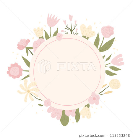 Circle border of bouquet. Floral wreath isolated on white background. Spring flowers frame. Vector illustration. 115353248