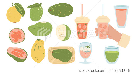 Guava isolated on white background. Set of exotic sweet dessert, juice, cocktail. Whole and slice of tropical fruits. Different types of guava. Vector hand drawn flat illustration. Guava isolated on white background. Set of exotic sweet dessert, juice, cocktail. Whole and slice of tropical fruits. Different types of guava. Vector hand drawn flat illustration. 115353266