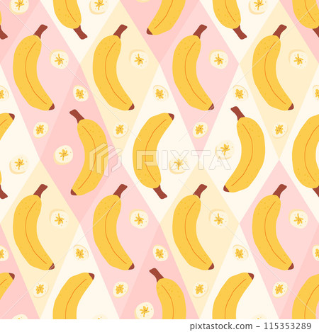 Banana seamless pattern. Exotic sweet dessert y2k endless background with rhombus. Vector hand drawn flat illustration. 115353289