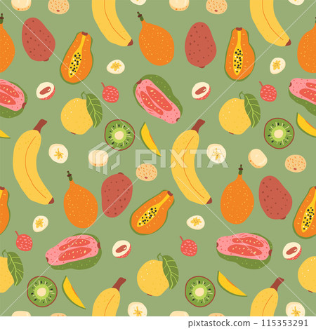 Tropical fruits seamless pattern. Banana, kiwi, guava granadilla and papaya with lychee. Exotic sweet food repeat background. Vector hand drawn flat illustration. 115353291