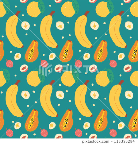 Tropical fruits seamless background. Banana, papaya, guava and lychee repeat pattern. Vector hand drawn illustration. 115353294