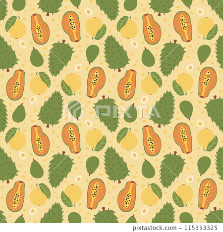 Tropical fruits seamless pattern. Papaya, guanabana and mango endless background. Exotic sweet food repeat cover. Vector hand drawn illustration. 115353325
