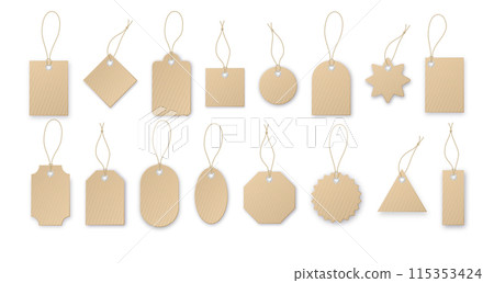 Realistic vector price tag. Cardboard label, paper sale tags mockup blank labels template shopping gift empty stickers with ropes tags vector Realistic vector price tag. Cardboard label, paper sale tags mockup blank labels template shopping gift empty stickers with ropes tags vector 115353424