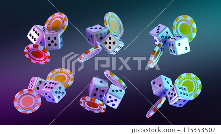 3d set of gamble casino poker chips and dice neon light background. Isolated falling red and yellow gambling tokens money and white cubes, game icons for Vegas ui design, online club. 3D illustration 3d set of gamble casino poker chips and dice neon light background. Isolated falling red and yellow gambling tokens money and white cubes, game icons for Vegas ui design, online club. 3D illustration 115353502