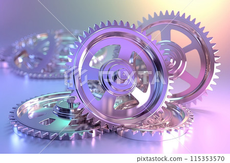 Holographic iridescent metallic gears and cogs, soft neon gradient pastel background 115353570