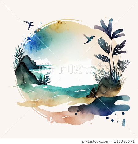 Watercolor painting in circular frame serene coastal scene with ocean waves, soft hues 115353571