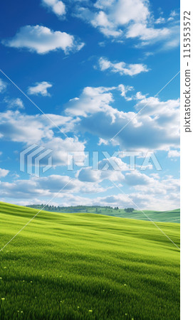 Natural background scene of green hills, blue sky, fluffy clouds, copy space Natural background scene of green hills, blue sky, fluffy clouds, copy space 115353572