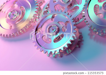 Holographic iridescent metallic gears and cogs, soft neon gradient pastel background 115353573