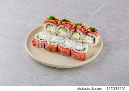 Tataki Tuna Top Roll for Sushi, Restaurant or Food Delivery Tataki Tuna Top Roll for Sushi, Restaurant or Food Delivery 115353601