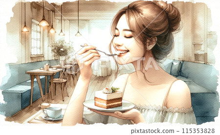 一個女人吃蛋糕的水彩畫 115353828
