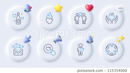 Love mail, Friends couple and Like button line icons. Buttons with 3d bell, chat speech, cursor. Pack of Inclusion, Heart flame, Hold heart icon. Friend, Love champagne pictogram. Vector Love mail, Friends couple and Like button line icons. Buttons with 3d bell, chat speech, cursor. Pack of Inclusion, Heart flame, Hold heart icon. Friend, Love champagne pictogram. Vector 115354008