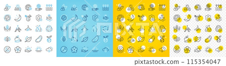 Vector icons set of Mint leaves, Organic tested and Dirty water line icons pack for web with Fair trade, Save planet, Walnut outline icon. Sunny weather, Brazil nut, Insomnia pictogram. Vector 115354047