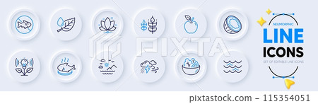 Bad weather, Fish dish and Apple line icons for web app. Pack of Coconut, Stop fishing, Lotus pictogram icons. Sea mountains, Leaf dew, Salad signs. Gluten free, Incubator, Waves. Clouds. Vector Bad weather, Fish dish and Apple line icons for web app. Pack of Coconut, Stop fishing, Lotus pictogram icons. Sea mountains, Leaf dew, Salad signs. Gluten free, Incubator, Waves. Clouds. Vector 115354051
