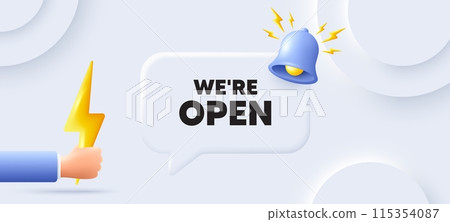 We are open tag. Neumorphic background with chat speech bubble. Promotion new business sign. Welcome advertising symbol. Open speech message. Banner with energy. Vector We are open tag. Neumorphic background with chat speech bubble. Promotion new business sign. Welcome advertising symbol. Open speech message. Banner with energy. Vector 115354087