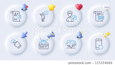 Loyalty card, Co2 gas and Payment card line icons. Buttons with 3d bell, chat speech, cursor. Pack of Agent, Report, Rotation gesture icon. Recovery phone, Edit person pictogram. Vector Loyalty card, Co2 gas and Payment card line icons. Buttons with 3d bell, chat speech, cursor. Pack of Agent, Report, Rotation gesture icon. Recovery phone, Edit person pictogram. Vector 115354089