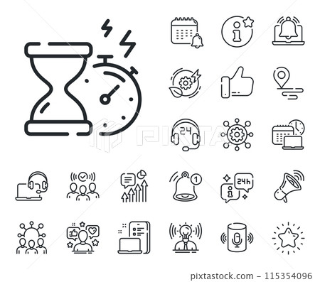 Stopwatch time sign. Place location, technology and smart speaker outline icons. Hourglass timer line icon. Countdown clock symbol. Hourglass timer line sign. Influencer, brand ambassador icon. Vector Stopwatch time sign. Place location, technology and smart speaker outline icons. Hourglass timer line icon. Countdown clock symbol. Hourglass timer line sign. Influencer, brand ambassador icon. Vector 115354096