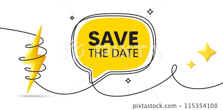 Save the date tag. Continuous line art banner. Calendar meeting offer. Save appointment message. Save date speech bubble background. Wrapped 3d energy icon. Vector Save the date tag. Continuous line art banner. Calendar meeting offer. Save appointment message. Save date speech bubble background. Wrapped 3d energy icon. Vector 115354108