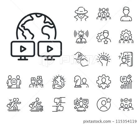 Online training sign. Specialist, doctor and job competition outline icons. Virtual conference line icon. Video team presentation symbol. Video conference line sign. Vector 115354119