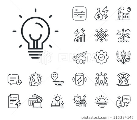 Lightbulb sign. Energy, Co2 exhaust and solar panel outline icons. Energy line icon. Electric power symbol. Energy line sign. Eco electric or wind power icon. Green planet. Vector 115354145