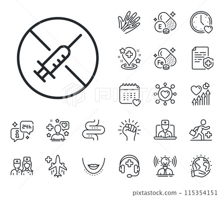 Stop Vaccination sign. Online doctor, patient and medicine outline icons. No vaccine line icon. Syringe jab symbol. No vaccine line sign. Veins, nerves and cosmetic procedure icon. Intestine. Vector Stop Vaccination sign. Online doctor, patient and medicine outline icons. No vaccine line icon. Syringe jab symbol. No vaccine line sign. Veins, nerves and cosmetic procedure icon. Intestine. Vector 115354151