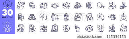 Remove account, Person info and Fingerprint line icons pack. Delegate question, Ranking, Business meeting web icon. Medical mask, Couple, Man love pictogram. Brain working. Vector 115354153
