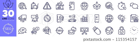 Smartphone clean, Time and People chatting line icons pack. Car key, Warning, Podium web icon. Seo, Idea gear, Luggage trolley pictogram. Timer, Global engineering, Cut tax. Vector Smartphone clean, Time and People chatting line icons pack. Car key, Warning, Podium web icon. Seo, Idea gear, Luggage trolley pictogram. Timer, Global engineering, Cut tax. Vector 115354157