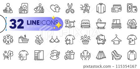 Outline set of Bra, Skirt and Clean t-shirt line icons for web with Wallet money, Shoes, Hoody thin icon. Buyer, Cut, Wallet pictogram icon. Travel delay, Buyers, Hot offer. Vector Outline set of Bra, Skirt and Clean t-shirt line icons for web with Wallet money, Shoes, Hoody thin icon. Buyer, Cut, Wallet pictogram icon. Travel delay, Buyers, Hot offer. Vector 115354167