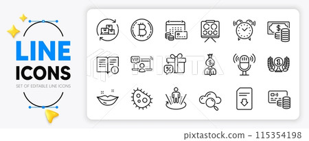Delivery change, Laureate award and Lips line icons set for app include Coins banknote, Vip access, Sale gift outline thin icon. Alarm clock, Manager, Vision board pictogram icon. Vector Delivery change, Laureate award and Lips line icons set for app include Coins banknote, Vip access, Sale gift outline thin icon. Alarm clock, Manager, Vision board pictogram icon. Vector 115354198