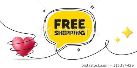 Free shipping tag. Continuous line art banner. Delivery included sign. Special offer symbol. Free shipping speech bubble background. Wrapped 3d heart icon. Vector 115354429
