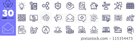 Compliance, Light bulb and Charging time line icons pack. Inspect, User info, Elastic material web icon. Share idea, Leadership, Magic wand pictogram. Artificial intelligence. Vector 115354473