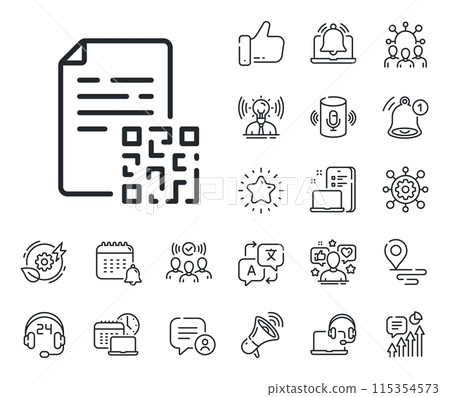 Scan barcode sign. Place location, technology and smart speaker outline icons. Qr code line icon. Certificate document symbol. Qr code line sign. Influencer, brand ambassador icon. Vector Scan barcode sign. Place location, technology and smart speaker outline icons. Qr code line icon. Certificate document symbol. Qr code line sign. Influencer, brand ambassador icon. Vector 115354573