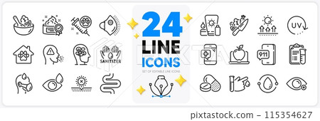 Icons set of Farsightedness, Cough and Eye drops line icons pack for app with Medical drugs, Medical mask, Sick man thin outline icon. Intestine, Stress, Laptop pictogram. Uv protection. Vector Icons set of Farsightedness, Cough and Eye drops line icons pack for app with Medical drugs, Medical mask, Sick man thin outline icon. Intestine, Stress, Laptop pictogram. Uv protection. Vector 115354627