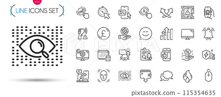 Pack of People chatting, Intersection arrows and Inspect line icons. Include Account, Analysis graph, Chat message pictogram icons. Flammable fuel, Wallet, Face detection signs. Swipe up. Vector Pack of People chatting, Intersection arrows and Inspect line icons. Include Account, Analysis graph, Chat message pictogram icons. Flammable fuel, Wallet, Face detection signs. Swipe up. Vector 115354635